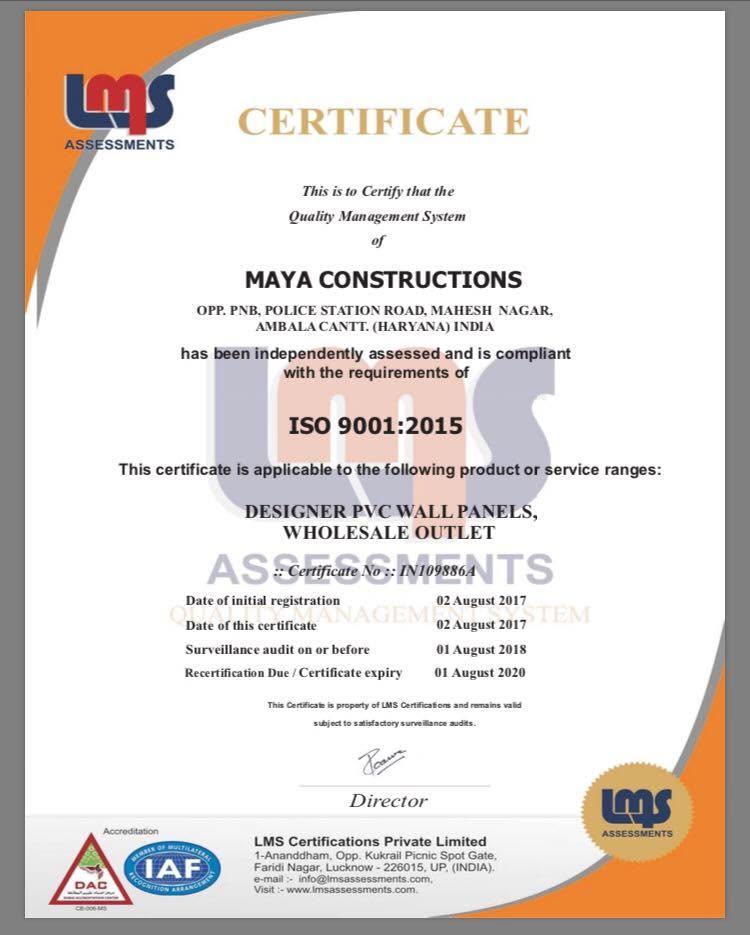 ISO 9001:2015 Quality Management System, issued by LMS Certifications Pvt. Ltd. (IAF / DAC accredited)